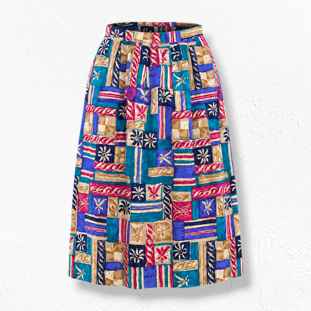 Vintage 90s Colorful Abstract Patchwork Rayon Midi Skirt Pockets Size Small